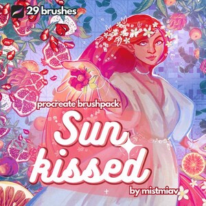 May include: Digital art illustration of a woman with red hair and a floral crown, holding a flower. The image features the text "Sun kissed" and "29 brushes" with a Procreate brushpack theme, surrounded by pomegranates and citrus fruits.