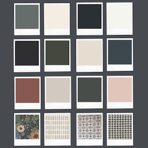 May include: Sixteen square images in white frames, displaying colour swatches. The swatches include shades of grey, beige, black, green, and pink. The bottom row features patterned designs, including floral and geometric patterns.