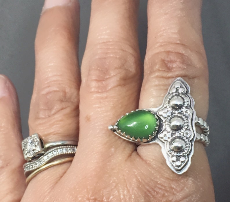 Green Jade Statement Ring Vivid Color Genuine Jade Pear Gemstone Sterling Silver Large Boho Style OOAK Ready to Ship Fits Sizes 6.25 to 8