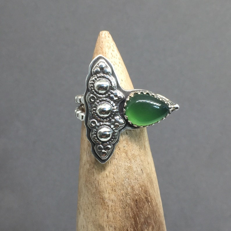 Green Jade Statement Ring Vivid Color Genuine Jade Pear Gemstone Sterling Silver Large Boho Style OOAK Ready to Ship Fits Sizes 6.25 to 8