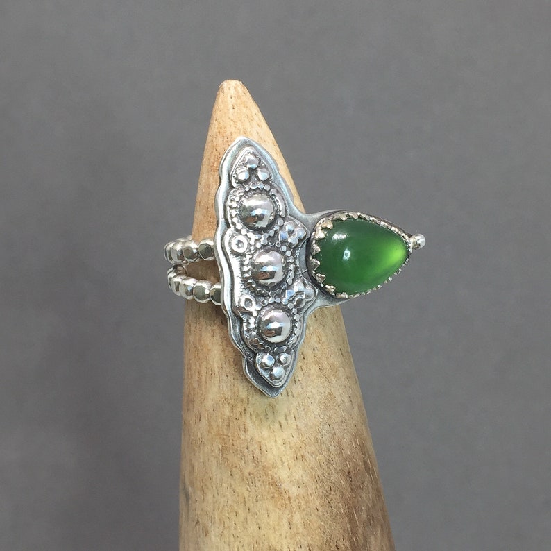 Green Jade Statement Ring Vivid Color Genuine Jade Pear Gemstone Sterling Silver Large Boho Style OOAK Ready to Ship Fits Sizes 6.25 to 8