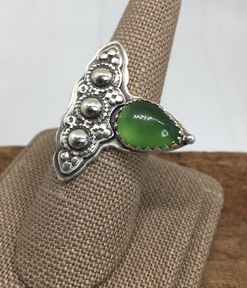 Green Jade Statement Ring Vivid Color Genuine Jade Pear Gemstone Sterling Silver Large Boho Style OOAK Ready to Ship Fits Sizes 6.25 to 8