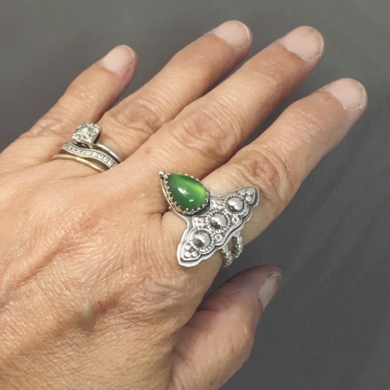 Green Jade Statement Ring Vivid Color Genuine Jade Pear Gemstone Sterling Silver Large Boho Style OOAK Ready to Ship Fits Sizes 6.25 to 8