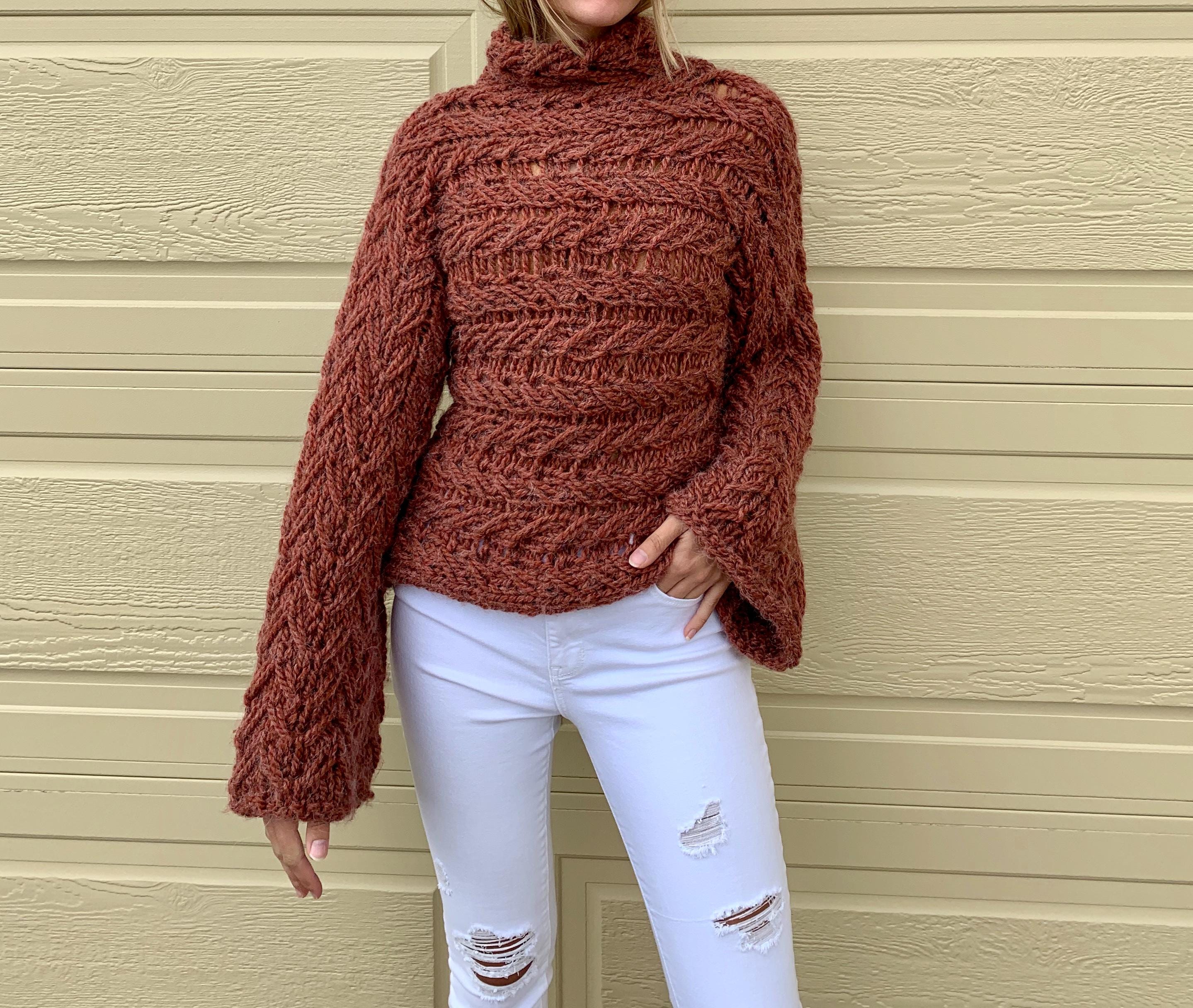 Chunky Hand-Knit Sweater | Rust Brown Cozy Pullover | Boho Loose Fit Sweater | Fall Winter Knitwear Turtleneck Sweater Handmade Gift for Her