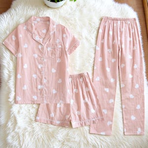 Women&#39;s Pyjamas - 3-Piece Pyjama Set - Pyjama Set - Pink Pyjamas - Sleepwear - Loungewear - Petite Pyjamas - Cotton Pyjamas