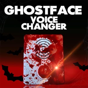 May include: A rectangular voice changer with a blood-splatter design, featuring the text "GHOSTFACE VOICE CHANGER" in white. The device has a circular speaker and a red button. The background is black and red with bat silhouettes and spiderwebs.