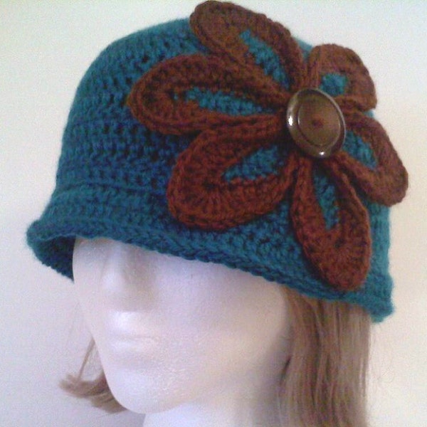 SALE - Teal and Brown Cloche Hat with Brown and Teal Flower