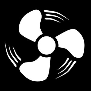 May include: A white fan icon with three blades and a central hub, set against a black background. The blades have curved lines emanating from them, suggesting motion. The design is simple and graphic.