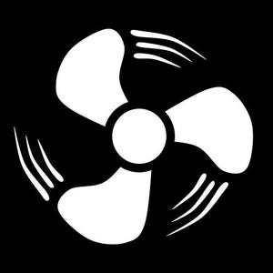 May include: A white fan icon with three blades and a central hub, set against a black background. The blades have curved lines emanating from them, suggesting motion. The design is simple and graphic.