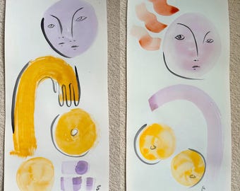 Original Abstract Watercolor/Goache Sketches – Mid-Century Modern Inspired Figurative Artwork – Minimalist Face Art – One of a Kind 22.5x10”