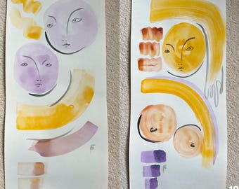 Original Abstract Watercolor/Goache Sketches – Mid-Century Modern Inspired Figurative Artwork – Minimalist Face Art – One of a Kind 22.5x10”