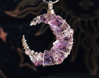 Amethyst Crescent Moon Necklace, Handmade Wire Wrapped Crystal Pendant, Celestial Moon Jewelry, Witchy Gift for Her