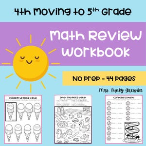 Puede incluir: Un cuaderno de repaso de matemáticas para estudiantes de 4º a 5º grado. La portada presenta un sol sonriente y el texto "Math Review Workbook". Contiene ejercicios sobre valor posicional y comparación. El cuaderno tiene 44 páginas y no requiere preparación.