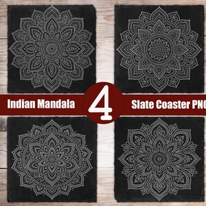 May include: Four square slate coasters with intricate Indian mandala designs. The coasters are black with a detailed white pattern. The text "Indian Mandala" and "Slate Coaster PNG" is visible. A red circle with the number "4" is in the center.