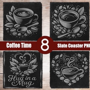 Puede incluir: Juego de ocho posavasos cuadrados de pizarra con diseños de café. Cada posavasos presenta una ilustración detallada de una taza de café, granos de café y una cuchara. Se incluye el texto "Coffee Time" y "Hug in a Mug".