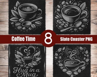 8 archivos láser PNG y SVG para posavasos de pizarra "Coffee Time" para grabado digital, Glowforge, diseño grabado de posavasos de pizarra, LaserBurn Xtool