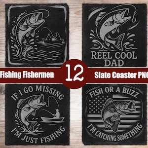 May include: Four square slate coasters with fishing-themed designs. Each coaster features a gray illustration of a fish, with phrases like "Reel Cool Dad" and "Fish or a Buzz". The coasters are black with a natural texture.