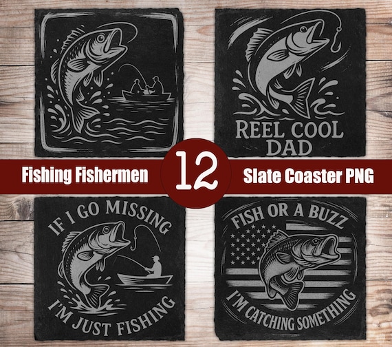 12 Fishing Slate Laser Files PNG for Engraving Digital Download, Glowforge, Slate Coasters Engraved Fathers Day Design, Laser Burn File