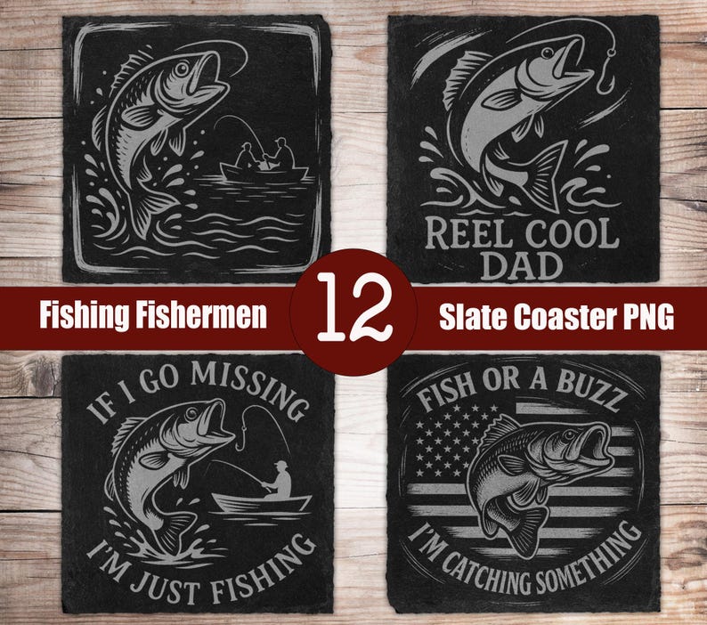 May include: Four square slate coasters with fishing-themed designs. Each coaster features a gray illustration of a fish, with phrases like "Reel Cool Dad" and "Fish or a Buzz". The coasters are black with a natural texture.