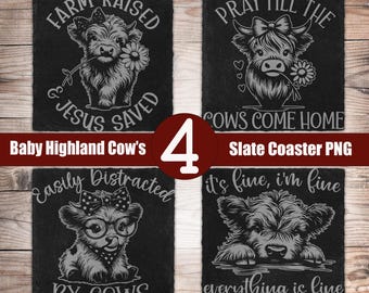4 Baby Highland Cow Slate Coaster Laser Engraving Designs PNG SVG File 8x8 Digital