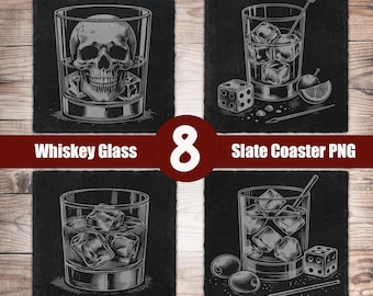 May include: Set of four black slate coasters with white line art designs. Designs include a skull in a whiskey glass, a cocktail with ice cubes, dice, and olives. The text "Whiskey Glass" and "Slate Coaster PNG" are also present.