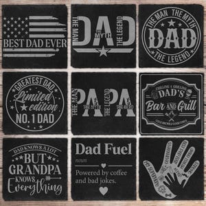 Pode incluir: Um conjunto de nove porta-copos quadrados de ardósia preta, cada um com designs gravados a laser exclusivos com texto como Best Dad Ever, The Man The Myth The Legend, Dad's Bar and Grill, Dad Fuel e um gráfico em forma de mão com palavras.