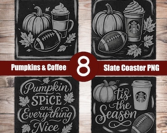 8 Pumpkin Football Slate Coaster Laser Files PNG for Engraving Digital Download, Glowforge, Slate Coasters Engraved Design, LaserBurn Xtool