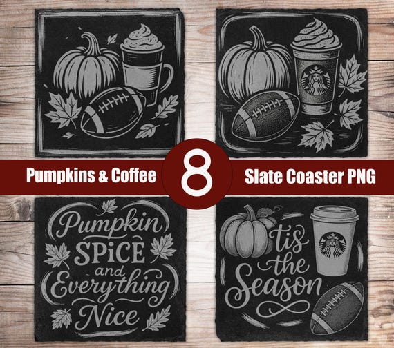 8 Pumpkin Football Slate Coaster Laser Files PNG for Engraving Digital Download, Glowforge, Slate Coasters Engraved Design, LaserBurn Xtool