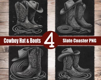 4 Cowboy Hat & Boots Slate Coaster Laser Engraving Designs PNG File 8x8 Digital