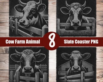 8 Cow Slate Laser Coaster Files,  PNG Laser Engrave, Glowforge Xtool, Farm Animals, Laser File Digital Download, Slate Coaster Engraving