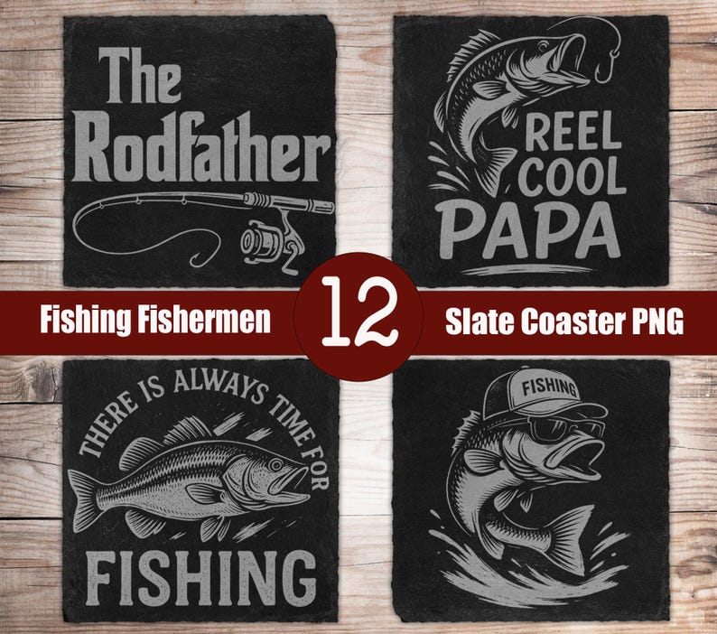 May include: Set of four square slate coasters with fishing-themed designs. Each coaster features a different graphic, including a fish, fishing rod, and text such as "The Rodfather" and "Reel Cool Papa". The coasters are black with white designs.