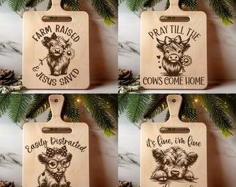 4 Baby Highland Cow Cutting Board Laser Engraved SVG PNG File Designs, Charcuterie Boards