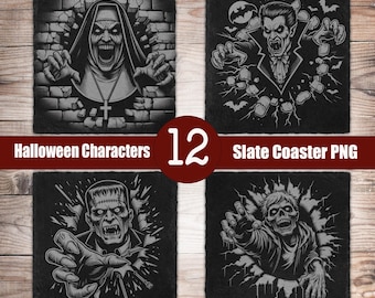 May include: Four square slate coasters with Halloween character designs. The coasters feature a nun, Dracula, Frankenstein, and a zombie, each breaking through a wall. The text "Halloween Characters" and "Slate Coaster PNG" are also visible.
