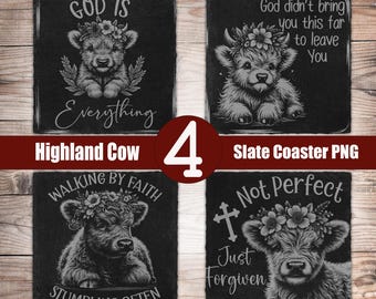 4 Religious Highland Cow Slate Coaster Laser Engraving Designs PNG File 8x8 Digital