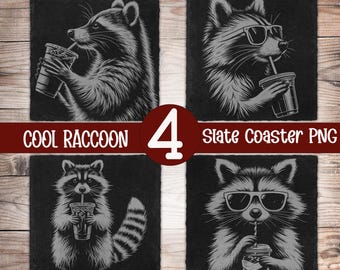 4 Raccoon Drinking Coffee Slate Coaster Laser Engraving Designs PNG File 8x8 Digital