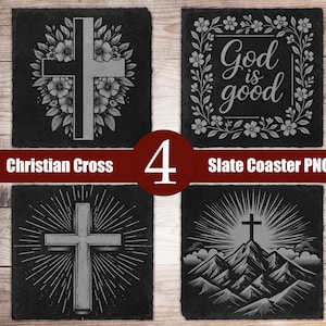4 christliche Schiefer Laserdateien PNG zum Gravieren Digitaler Download, Glowforge, Kreuz religiöse Schieferuntersetzer graviertes Design, Lightburn Xtool