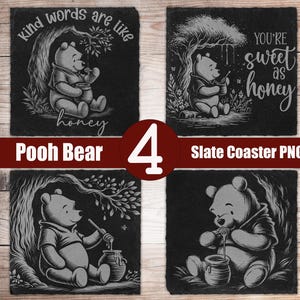 May include: Four square slate coasters with Winnie the Pooh designs. Each coaster features a different illustration of Pooh Bear with honey pots and text such as "You're sweet as honey." The coasters are black with white etched designs.