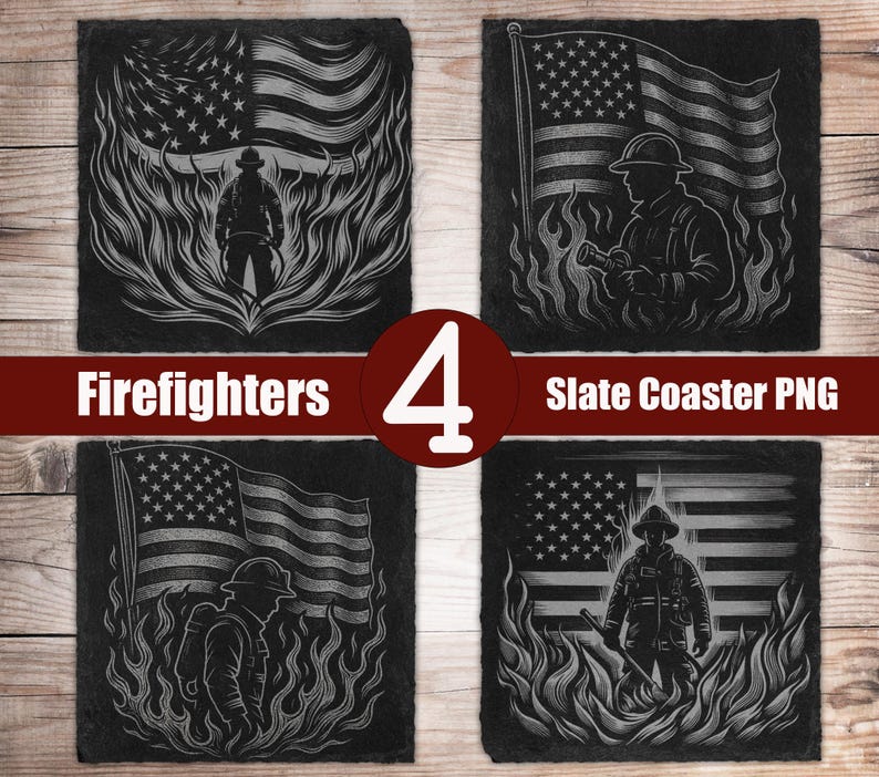 4 Fire Fighter American Flag Slate Coaster Laser Engraving Designs PNG ...