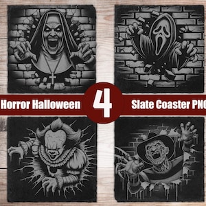 4 Halloween Horror Slate Laser Coaster Files,  PNG Laser Engrave, Glowforge, Laser Digital File Download, Slate Coaster Engraving Design