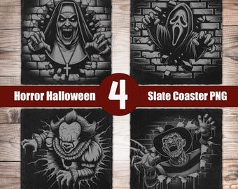 May include: Four slate coasters with horror-themed designs. Each coaster features a different character: a nun, a ghostface, Pennywise the clown, and Freddy Krueger. The coasters are black with gray and white illustrations. The text "Horror Halloween" and "Slate Coaster PNG" are also visible.