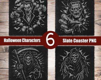May include: Set of six black slate coasters featuring Halloween characters. Designs include Dracula, Frankenstein's monster, and the Grim Reaper. Each coaster has a unique illustration, perfect for spooky decor.