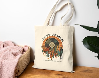 Gira fuerte, analógico en vivo, regalo para amantes del vinilo, bolsa ecológica, reproduce vinilo, divertida bolsa de lona para compras
