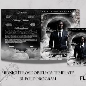 Obituario de Midnight Rose, plantilla de Canva Pro, programa funerario negro, 8 páginas, celebración de la vida, descarga digital de recuerdo, 8,5 x 11 pulgadas