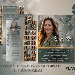 Green Floral Funeral Program Template | Memorial program | 4pages | Canva Template | Celebration of Life | digital Download | keepsake