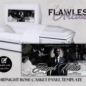 May include: A white casket with a black and white panel featuring a portrait of a man in a suit, doves, and roses. The panel includes the text "Forever in Our Hearts" and the name "Joseph White".