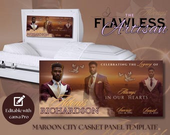 Funeral Casket Panel Template | Maroon City Memorial Insert (Canva Pro, Digital Download)