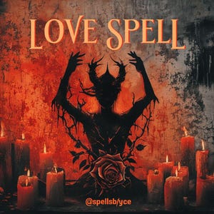 May include: An artistic image with the text "LOVE SPELL" in orange. A dark silhouette of a figure with horns and outstretched arms is surrounded by thorny vines and a rose. Lit candles in the foreground create a warm, mystical ambiance.
