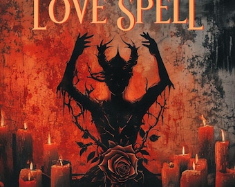 Könnte beinhalten: Künstlerisches Bild mit dem Text "LOVE SPELL" in Orange. Eine dunkle Silhouette einer Figur mit Hörnern und ausgestreckten Armen, umgeben von Dornenranken und einer Rose. Angezündete Kerzen im Vordergrund erzeugen eine warme, mystische Atmosphäre.