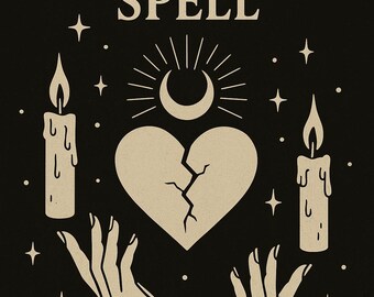 May include: Black graphic with the text "7 DAY SPELL FORGIVENESS SPELL." The design features a cracked heart, hands, candles, stars, and a crescent moon. The text "@SPELLSBYCE" is at the bottom.