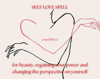 Puede incluir: Un dibujo lineal minimalista de una figura con un contorno en forma de corazón rosa, con el texto "SELF LOVE SPELL" y "@spellsbyce". Debajo, el texto dice "for beauty, regaining your power and changing the perspective on yourself".
